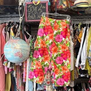 Allison Taylor Silk Capris with Red, Orange and Green Hues floral accents